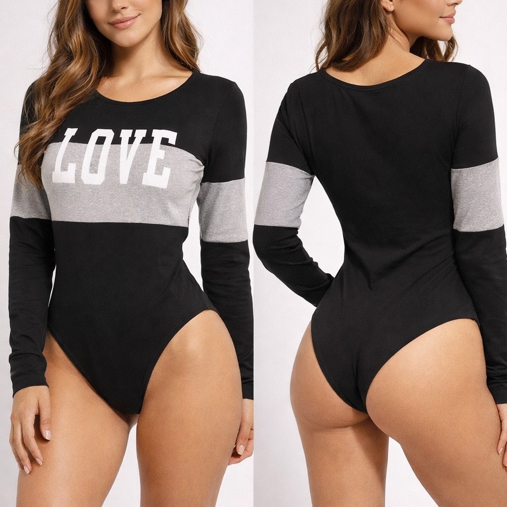 chic Black and Gray LOVE Colorblock Long-Sleeve Bodysuit